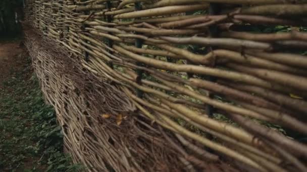 Όμορφος ψάθινος φράχτης από ξύλινα μπαστούνια. Ιστορικό — Αρχείο Βίντεο