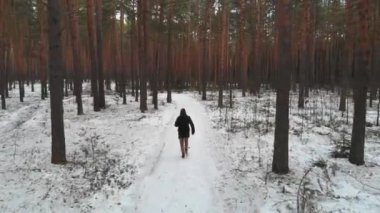 Elinde evrak çantası olan bir adam kış ormanlarında koşuyor. Hava görünümü.
