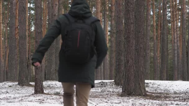 Der Mann hatte sich im Winterwald verirrt. zufällig die Bewegungsrichtung auswählt — Stockvideo