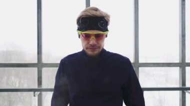 Running Man In Sportswear Workout Before Triathlon, Sprinting In Glass Tunnel. 