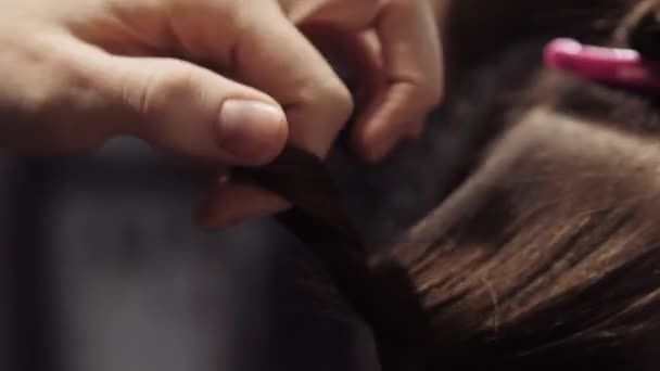 The stylist twists the girl's hair before coloring. — Stockvideo