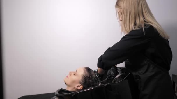 A female stylist in the salon washes the client's head. Girl in a beauty salon — 图库视频影像