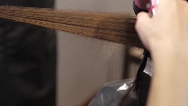 Nettes Mädchen in einem Schönheitssalon auf das Verfahren der Haarfärbung. Luftberührung — Stockvideo