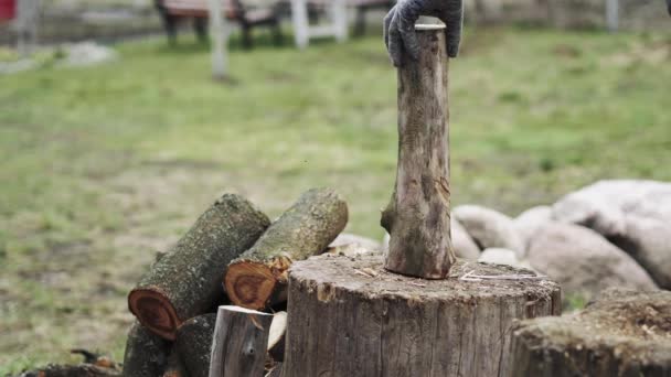 Un hombre está cortando madera con un hacha al aire libre.Corte manual de leña — Vídeos de Stock