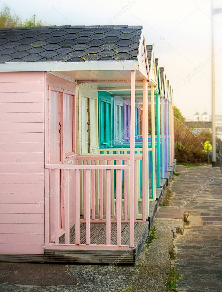 Pastel coloured beach huts in Clacton, England