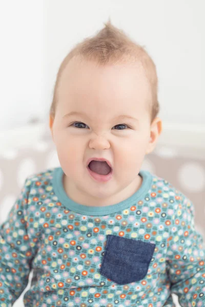 Osm měsíců starou holčičku při pohledu na fotoaparát, s ústy Stock Fotografie