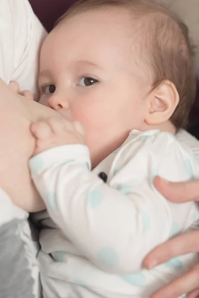 Devět měsíců starou holčičku během kojení, pomáhá se — Stock fotografie