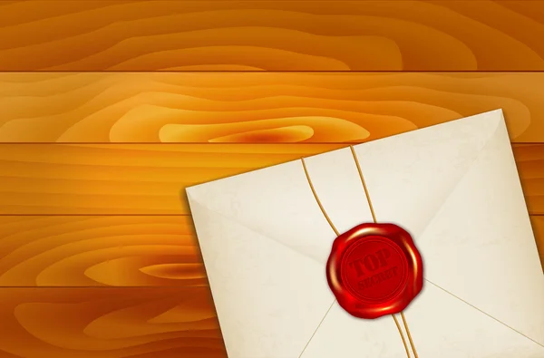 Papieren envelop met Top Secret wax zegel op houten achtergrond — Stockvector