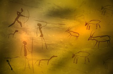 Tarih öncesi avcılar ve hayvanlar stilize çizim
