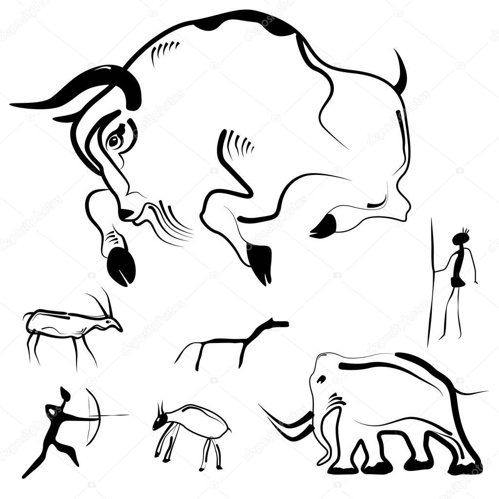 Stylized drawings of prehistoric animals and humans