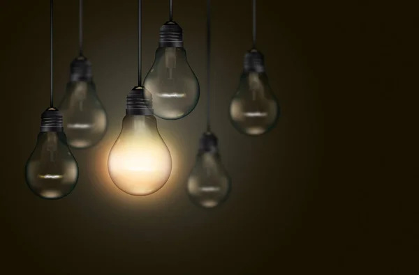Set of hanging realistic bulbs on dark background — Stock Photo, Image