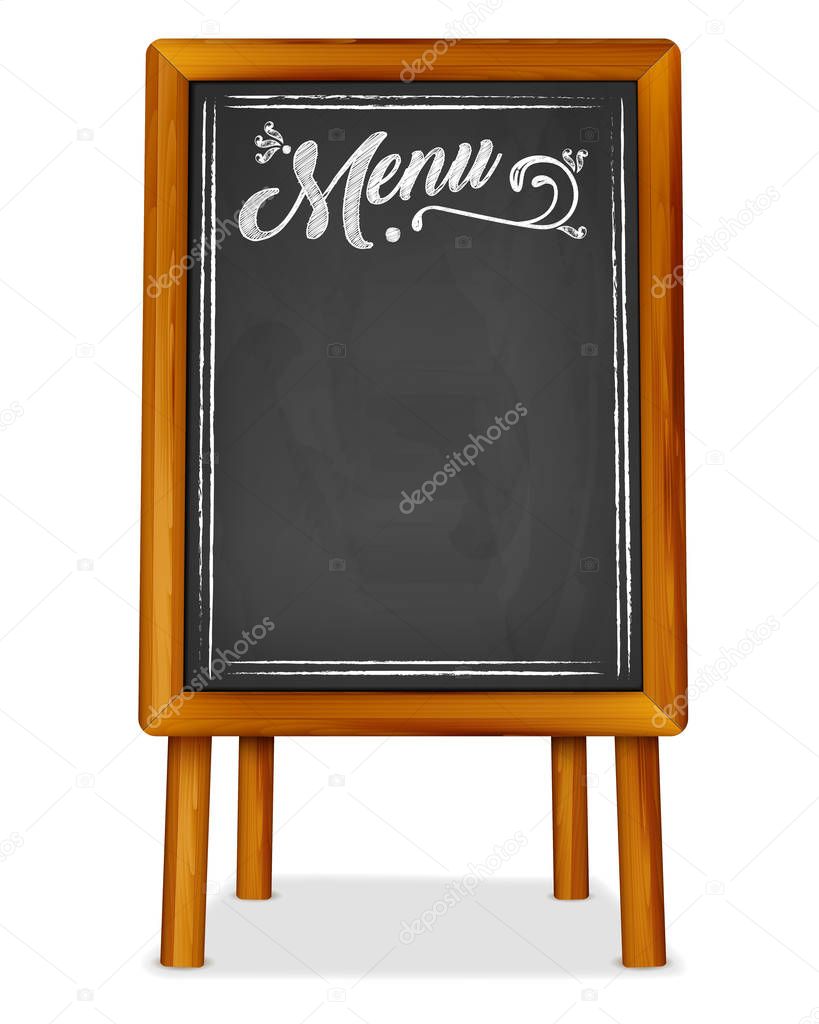 Wooden easel with chalkboard and MENU chalk inscription
