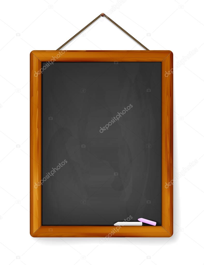 Blank chalkboard with wooden border hanging on rope