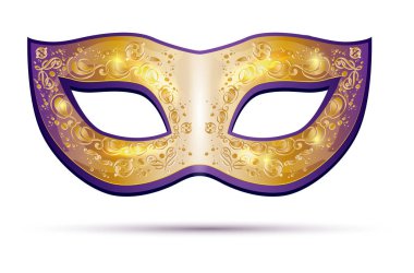 Beyaz arka plan üzerinde izole altın ve menekşe karnaval maskesi