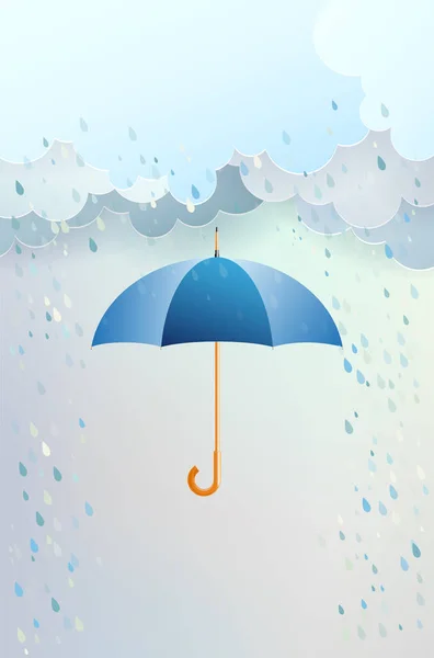 Parapluie bleu ouvert et nuages avec pluie — Image vectorielle
