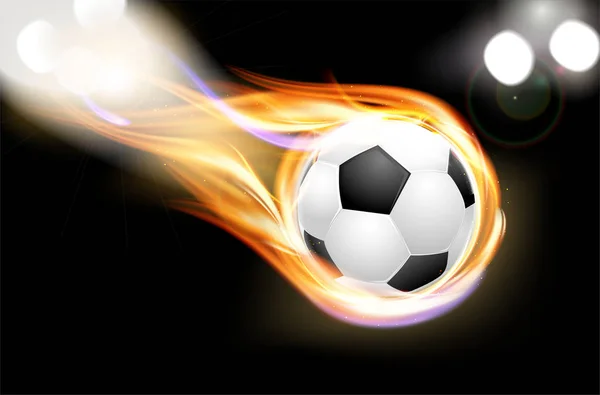 Uçan yanan futbol balon ve parlak ışıklar — Stok Vektör