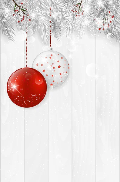 Carte de Noël avec brindilles d'épicéa et boules de Noël — Image vectorielle