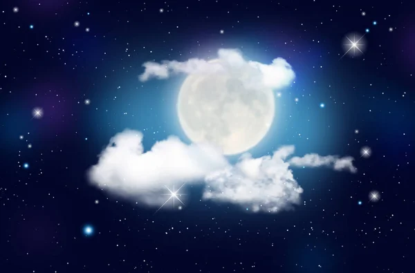 Blue night sky with clouds, shiny stars and moon — Stock Photo, Image