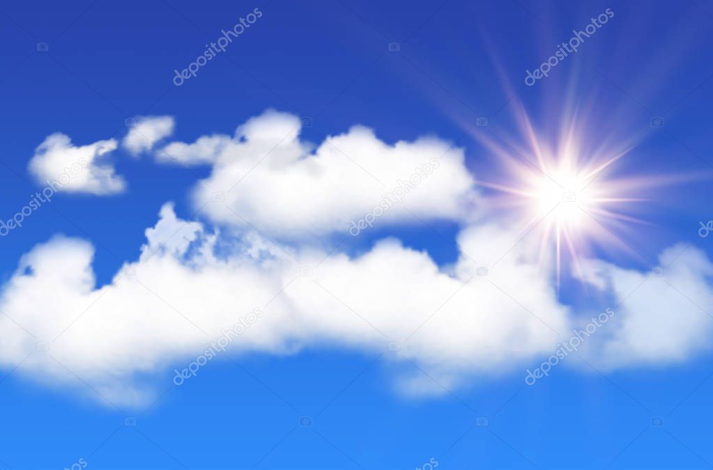 Blue sky with white clouds and shiny sun