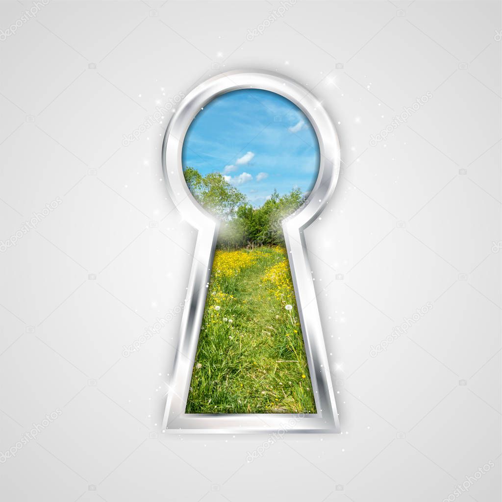 Gray background with view of summer landscape in keyhole