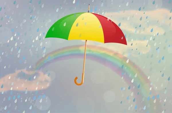 Parapluie ouvert de couleur variable avec pluie, arc-en-ciel et ciel nuageux — Image vectorielle