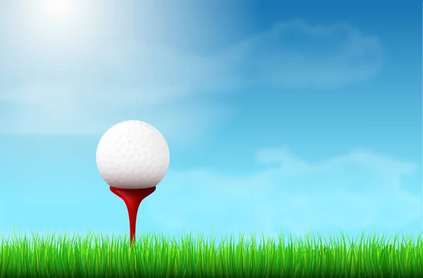 Golf ball on red tee, grass and blue sky — Stock Vector