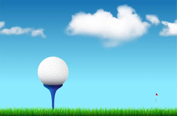 Golf ball on tee under blue sky with clouds — Stock Vector