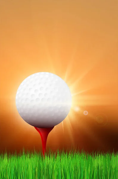 Grama, bola de golfe no tee vermelho e pôr do sol brilhante — Vetor de Stock