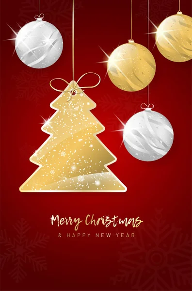 Hanging christmas shiny tree and balls on red background — Stock Vector