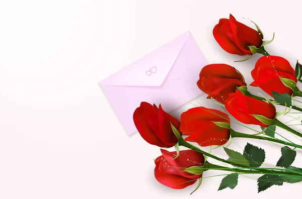 Beyaz arka planda kırmızı güller ve pembe kağıt zarf — Stok Vektör