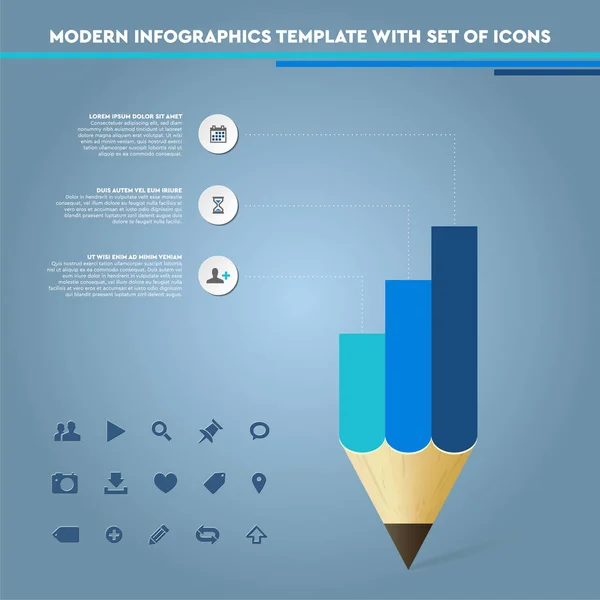 Modèle d'infographie avec crayon stylisé et ensemble d'icônes — Image vectorielle