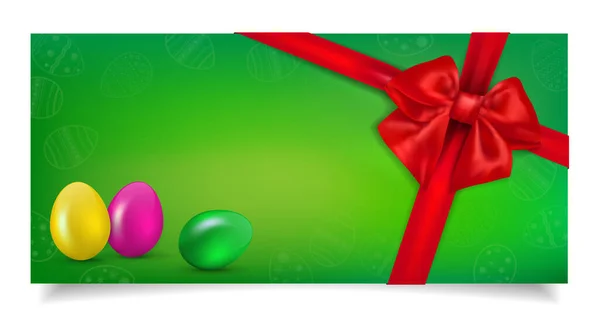 Yeşil Kağıt Paskalya Davetiyesi Kupon Falan Paskalya Yumurtaları Kırmızı Fiyonk — Stok Vektör