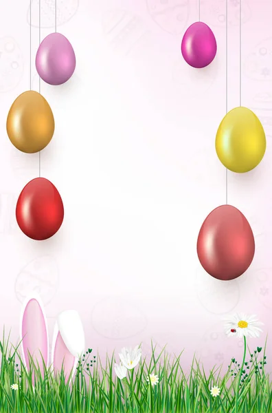 Modèle Carte Pâques Avec Œufs Suspendus Herbe Fleurs Oreilles Lapin — Image vectorielle