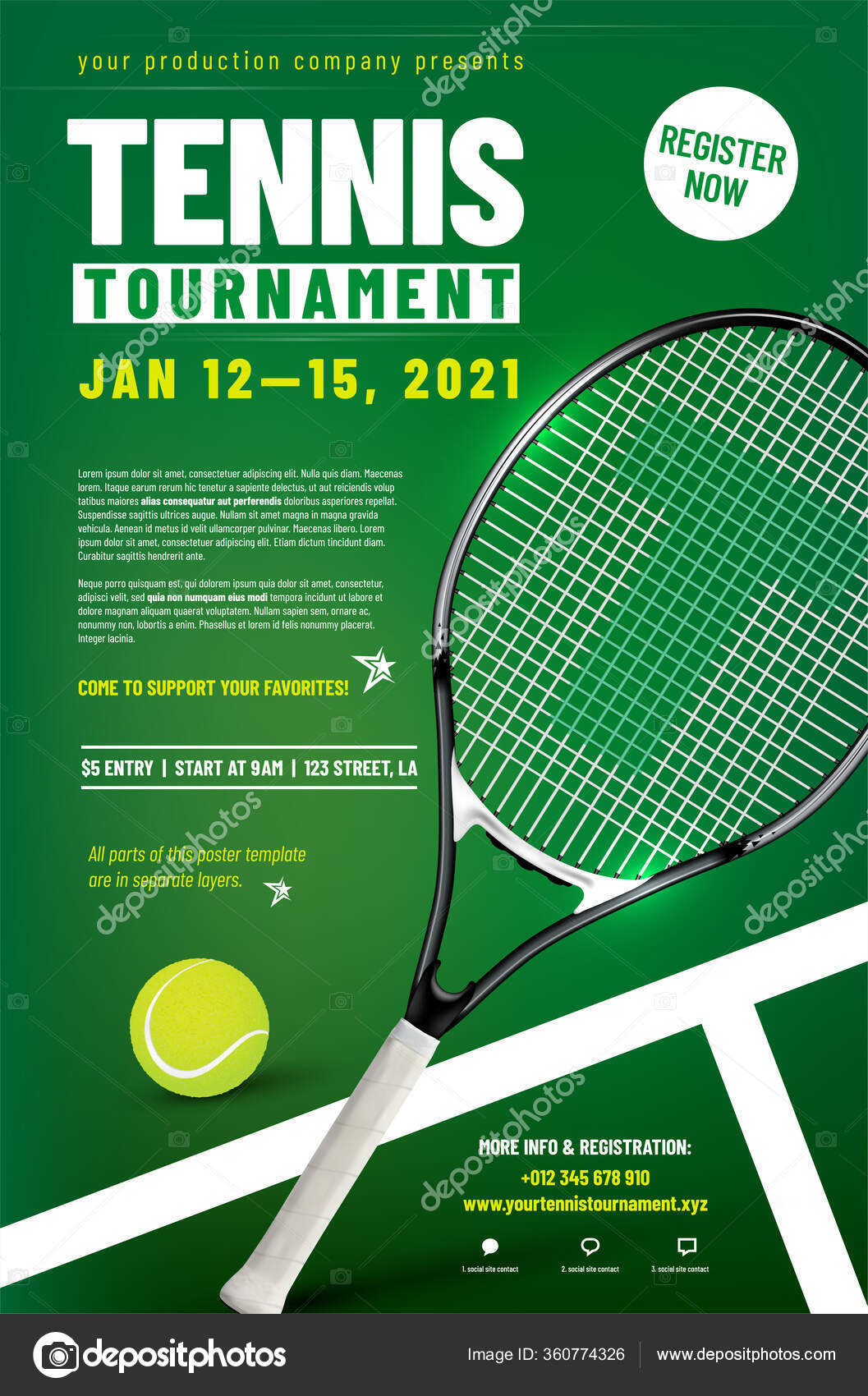 Tennis Tournament Poster Template Racket Ball Sample Text Separate
