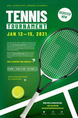 Tennis tournament poster template with racket, ball and sample text in separate layer - vector illustration clipart
