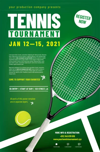 Tenis turnuvası poster şablonu raket, top ve örnek metin ayrı katman - vektör illüstrasyonu