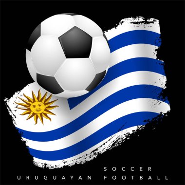 Siyah zemin üzerinde futbol topu olan Grungy Uruguay bayrağı - Uruguay futbol sembolleri. Vektör illüstrasyonu.