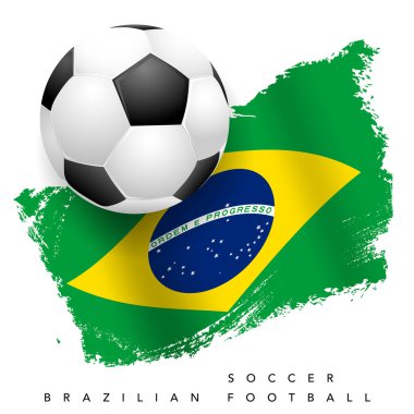 Beyaz arka planda futbol topu olan Grungy Brazilya bayrağı - Brezilya futbol sembolleri. Vektör illüstrasyonu.