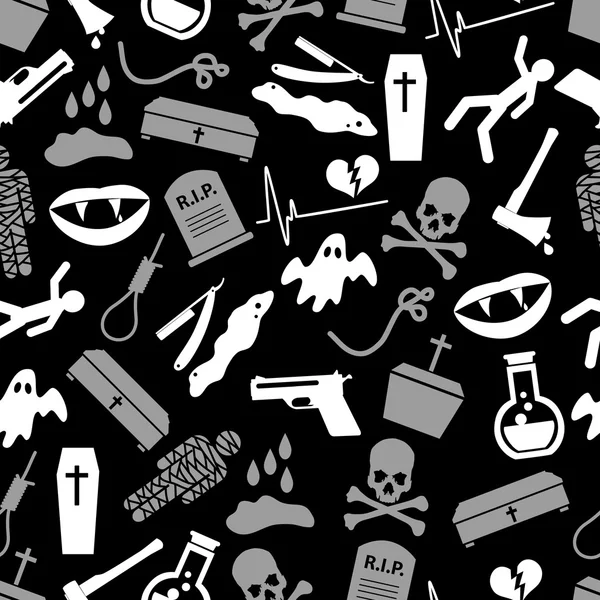 Tema de la muerte conjunto de iconos vectoriales blanco y negro patrón sin costura eps10 — Vector de stock