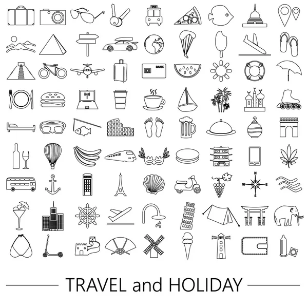Viaje y vacaciones gran conjunto de iconos de contorno vectorial eps10 — Vector de stock