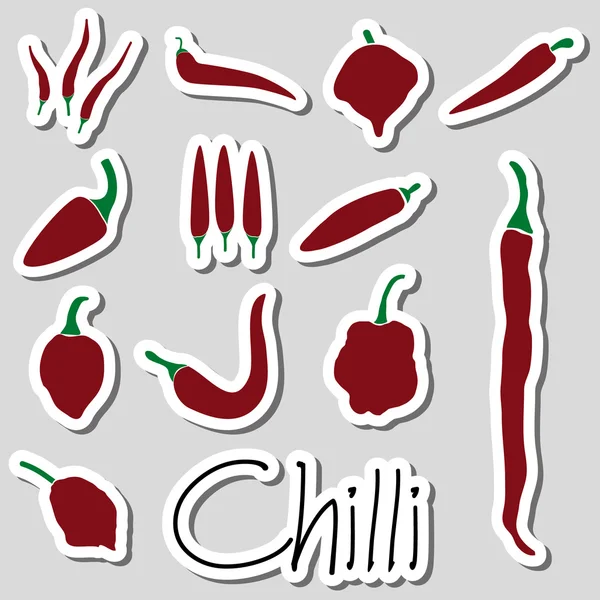Rode chili pepers soorten van hete pepers eenvoudige stickers collectie eps10 — Stockvector