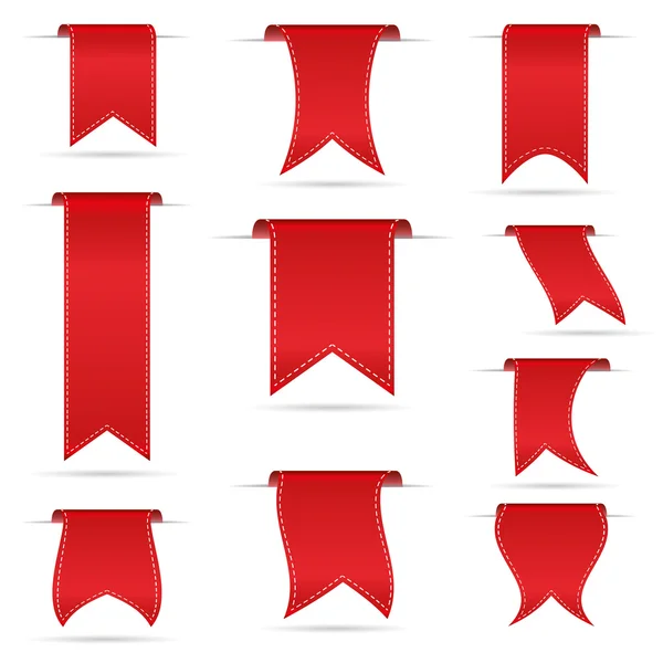 Red hanging curved ribbon banners set eps10 — Stock Vector