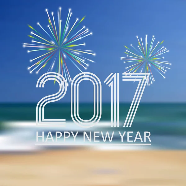 Happy new year 2017 on blue beach like abstract color background with fireworks eps10 — Stock Vector