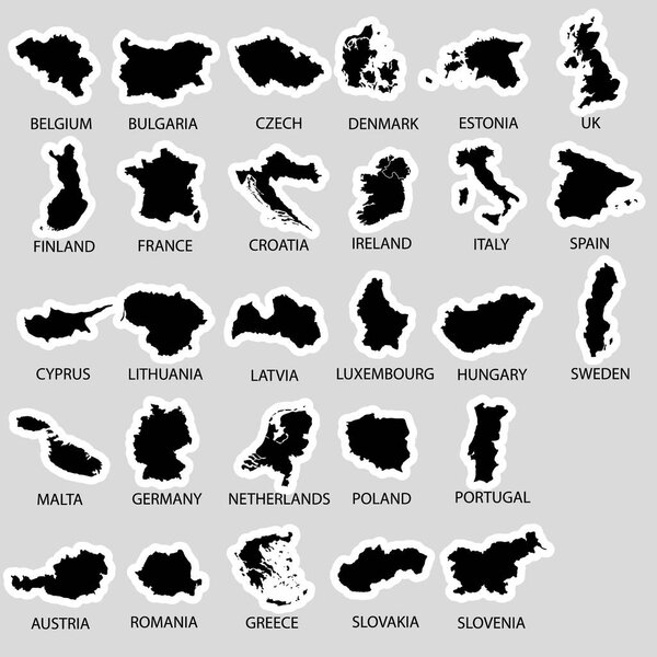 простые черные карты все страны Европейского союза стикеры коллекции eps10
