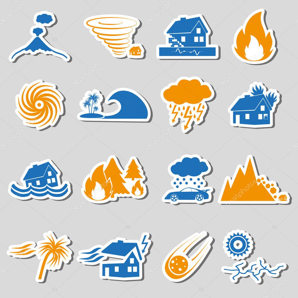 various natural disasters problems in the world stickers icons eps10