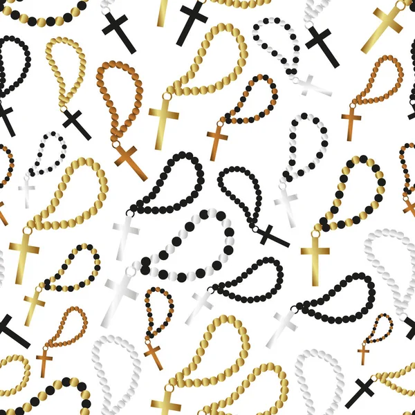 Varios colores plata oro y bronce religión cruz y rosario símbolos patrón sin costura eps10 — Vector de stock