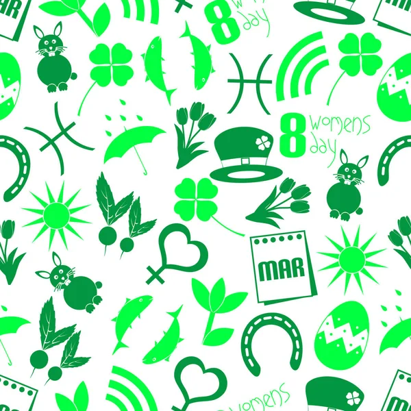 March month theme set of simple icons seamless green pattern eps10 — Stock Vector