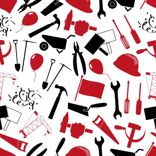 Journée internationale des travailleurs ou thème de la fête du travail ensemble d'icônes rouges et noires motif sans couture eps10 — Image vectorielle