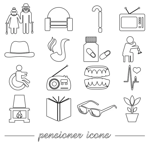 Pensioner senior citizen theme set of outline icons eps10 — Stock Vector