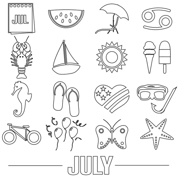 Juli maand thema set eenvoudig overzicht pictogrammen eps10 — Stockvector